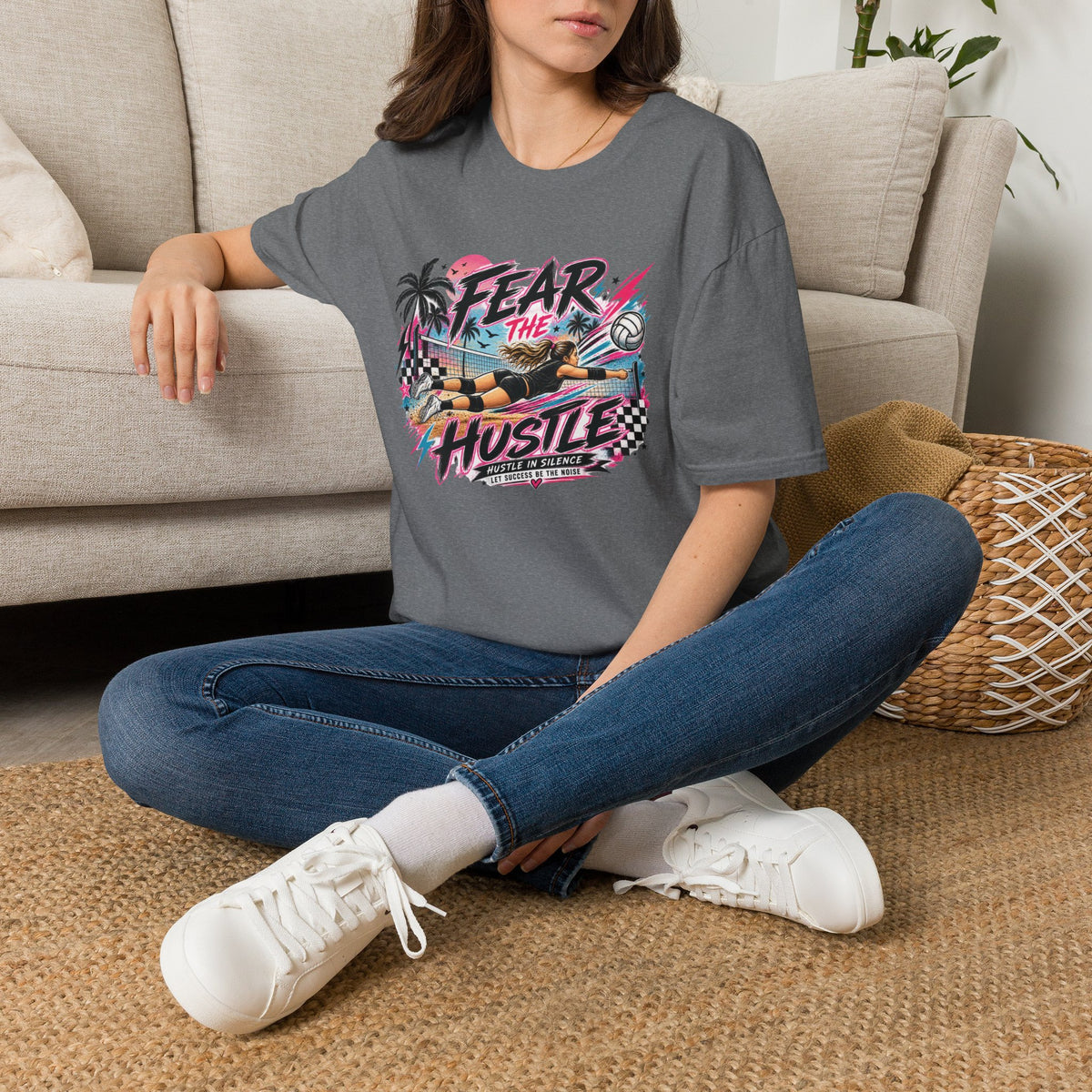Fear The Hustle Volleyball T-Shirt — Retro Palm Beach Volleyball Tee
