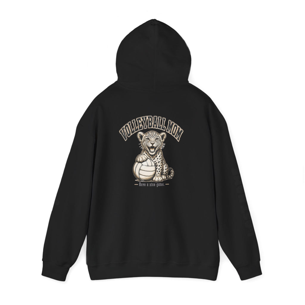 Volleyball Mom Hoodie - "Game Day" Pullover with Leopard & Volleyball Graphic, Custom Last Name Sleeve
