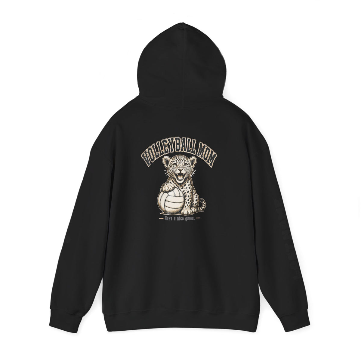 Volleyball Mom Hoodie - "Game Day" Pullover with Leopard & Volleyball Graphic, Custom Last Name Sleeve