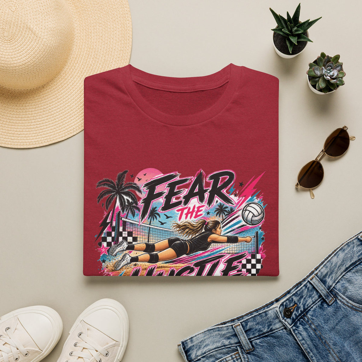 Fear The Hustle Volleyball T-Shirt — Retro Palm Beach Volleyball Tee