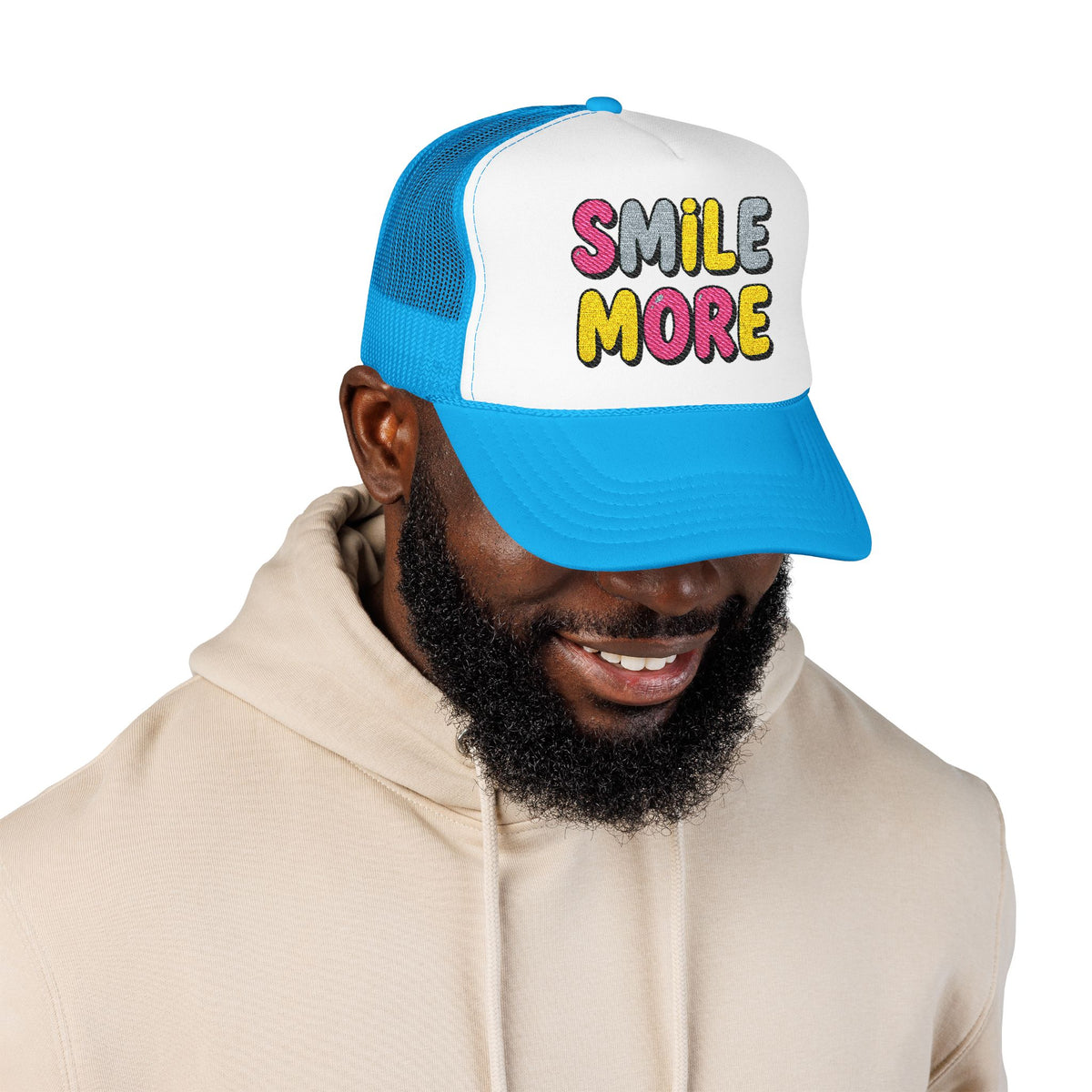 Smile More Foam Trucker Hat — Colorful Cheerful Graphic Cap