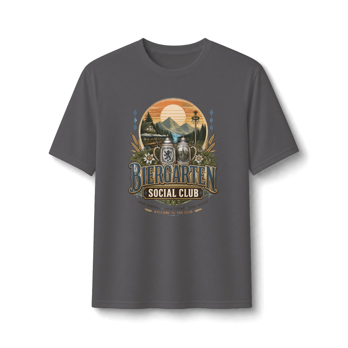Biergarten Social Club Performance Tee — Vintage Beer Garden Graphic Shirt
