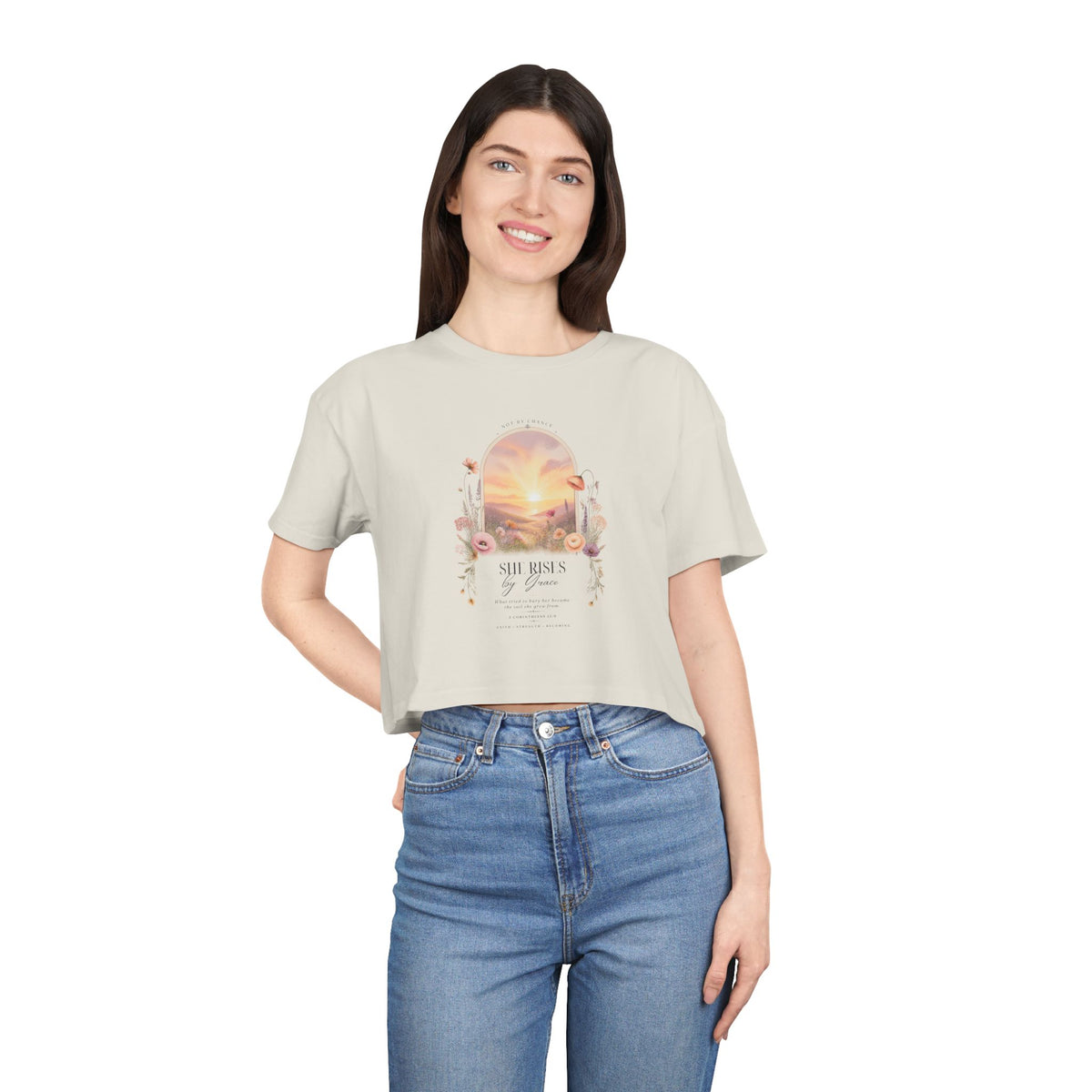 Sunset Floral Crop Tee — 'She Rises' Inspirational Women's Graphic Top