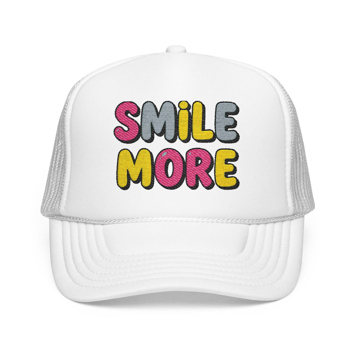 Smile More Foam Trucker Hat — Colorful Cheerful Graphic Cap