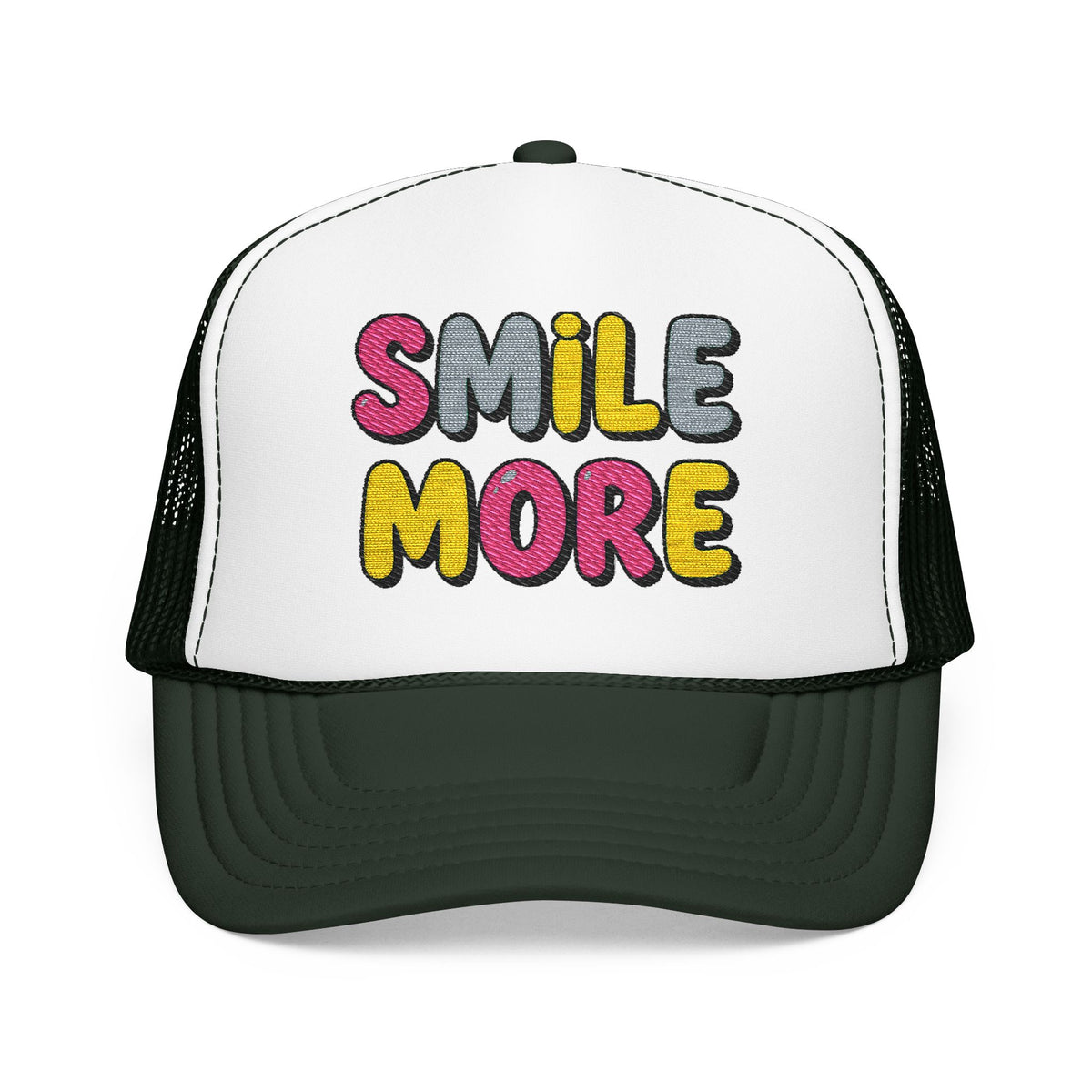Smile More Foam Trucker Hat — Colorful Cheerful Graphic Cap