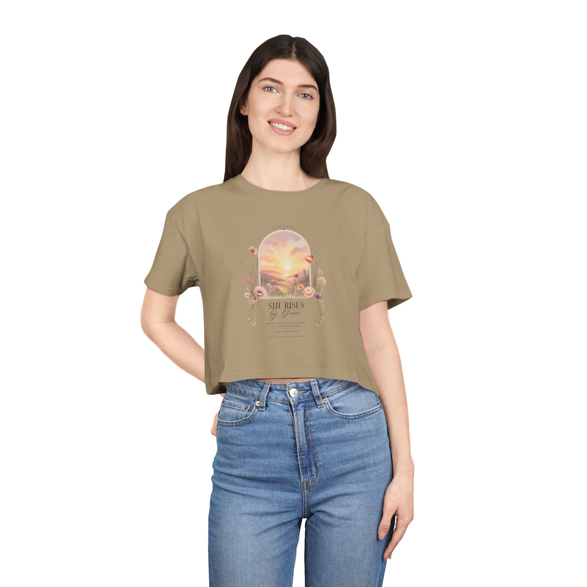 Sunset Floral Crop Tee — 'She Rises' Inspirational Women's Graphic Top
