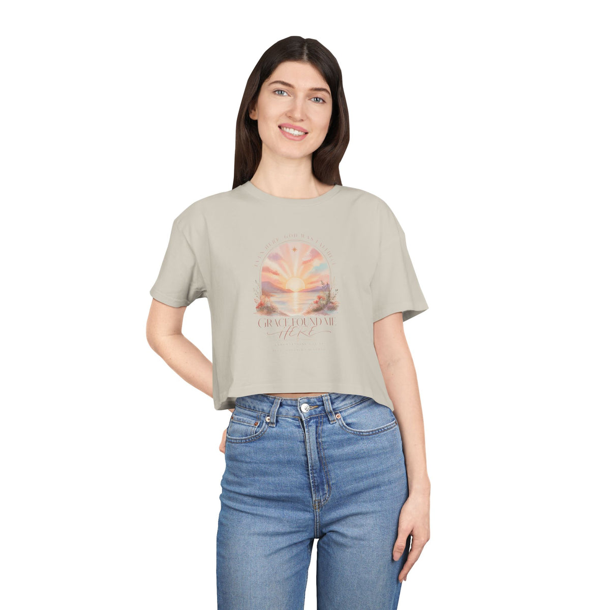 Sunset Arch Crop Tee — "Good Vibes Only" Pastel Boho Graphic