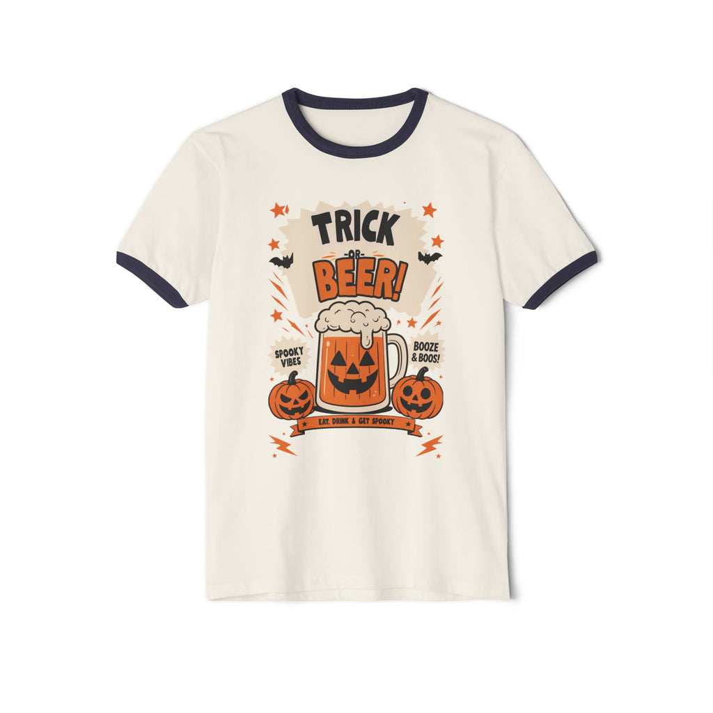 Halloween 'Trick Beer!' Ringer T-Shirt — Pumpkin Beer Mug Graphic