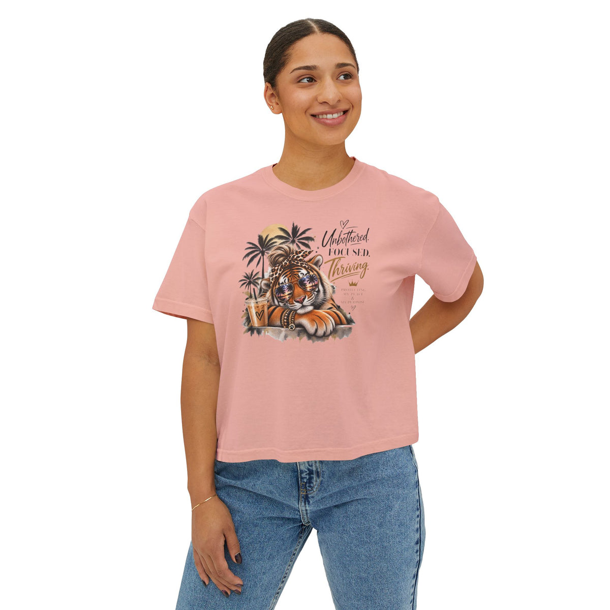 Women's Boxy Tee — 'Untethered I Flourish Thriving' Tiger Palm Graphic Tee