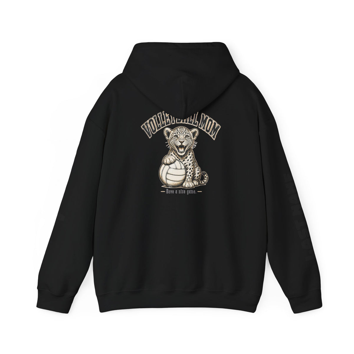 Volleyball Mom Hoodie - "Game Day" Pullover with Leopard & Volleyball Graphic, Custom Last Name Sleeve