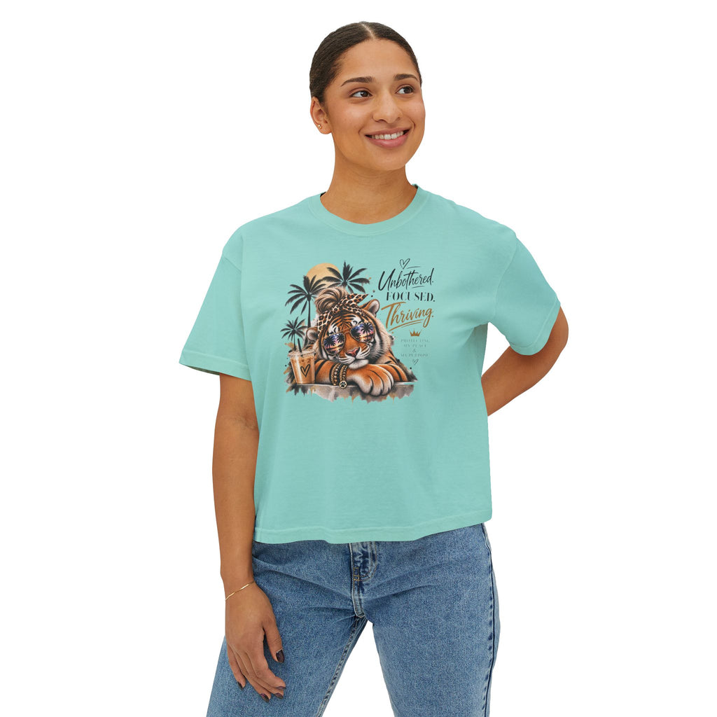 Women's Boxy Tee — 'Untethered I Flourish Thriving' Tiger Palm Graphic Tee