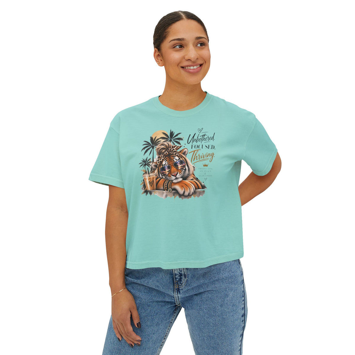 Women's Boxy Tee — 'Untethered I Flourish Thriving' Tiger Palm Graphic Tee
