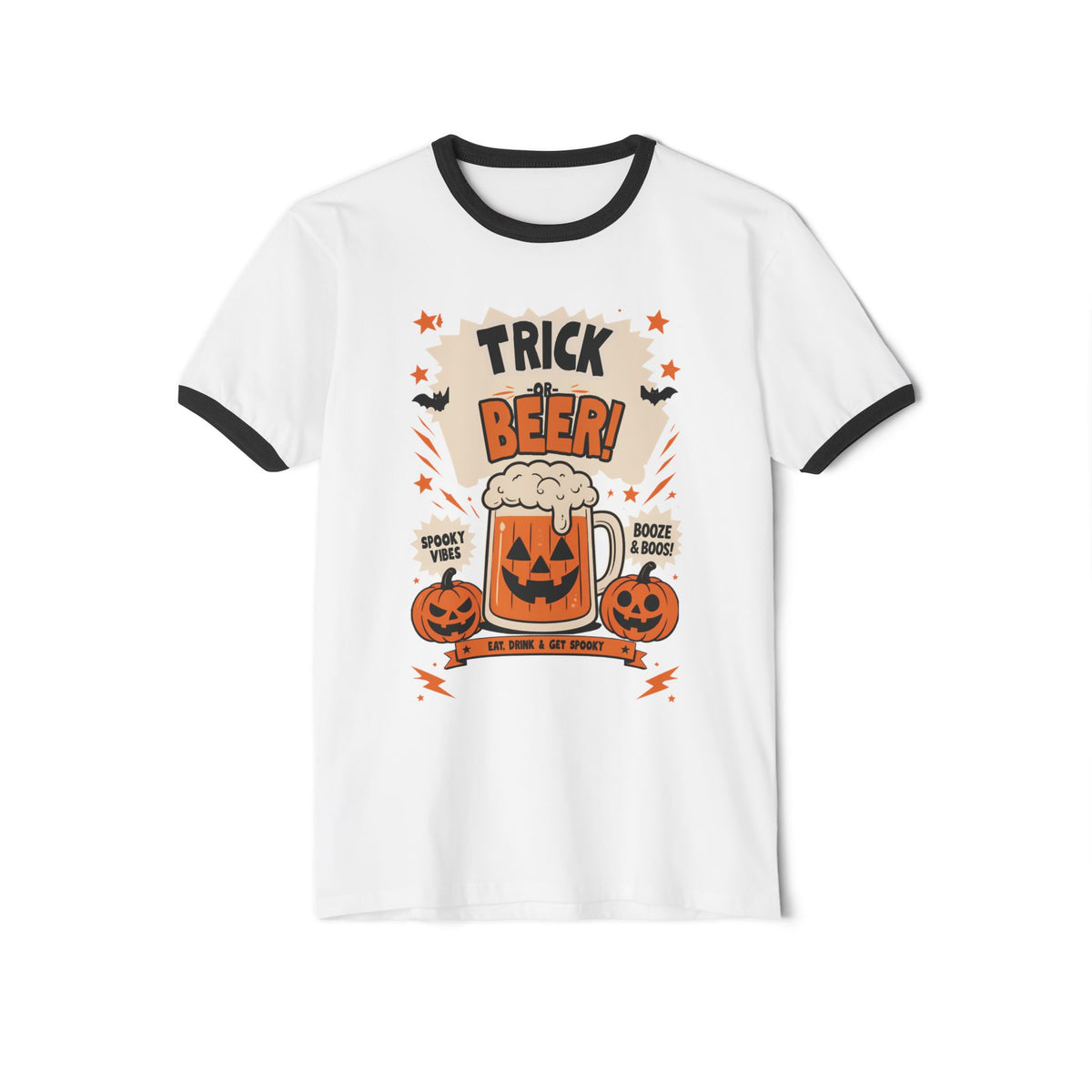Halloween 'Trick Beer!' Ringer T-Shirt — Pumpkin Beer Mug Graphic