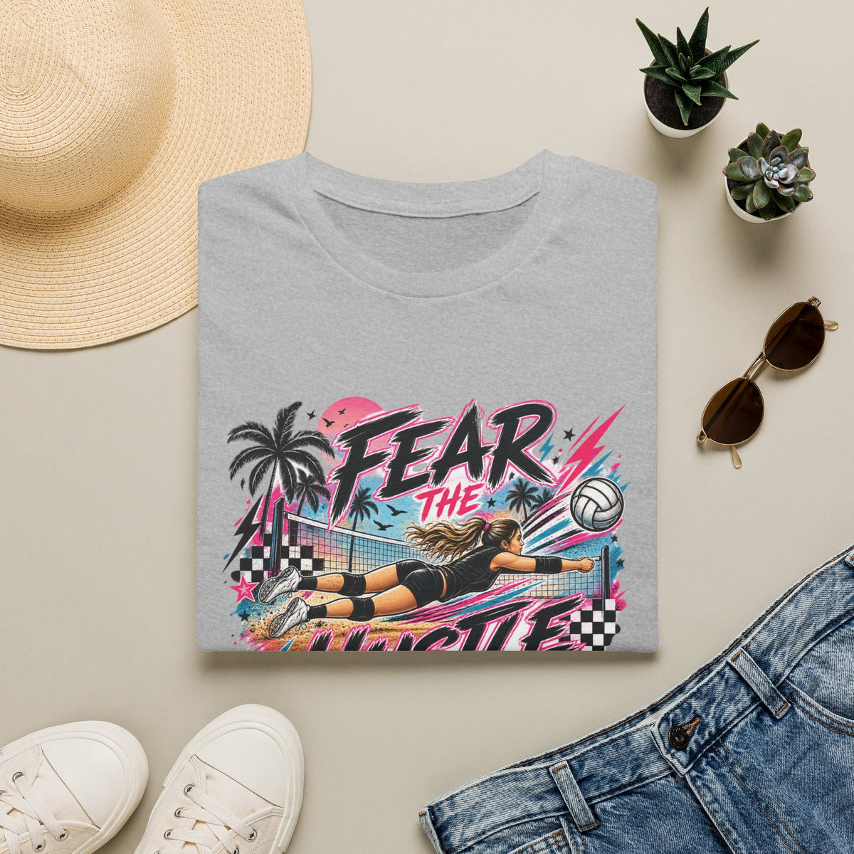 Fear The Hustle Volleyball T-Shirt — Retro Palm Beach Volleyball Tee