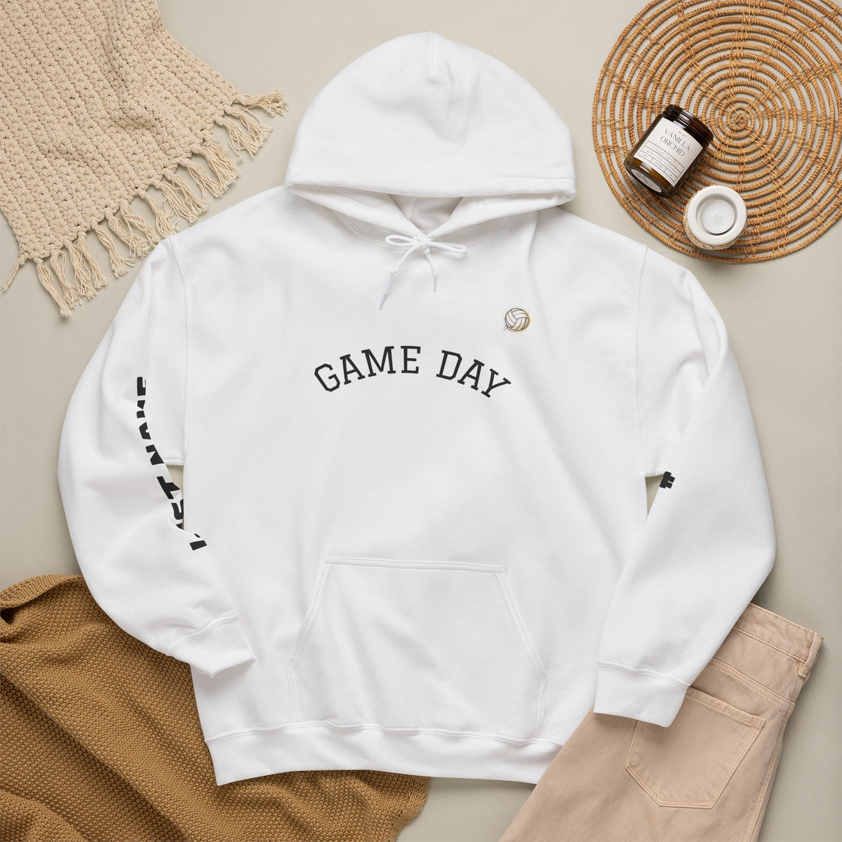 Volleyball Mom Hoodie - "Game Day" Pullover with Leopard & Volleyball Graphic, Custom Last Name Sleeve