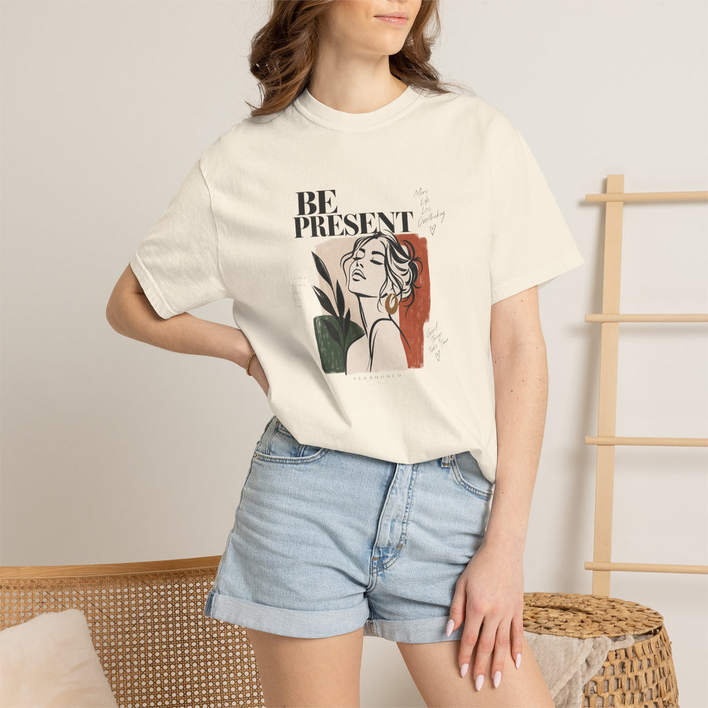 Be Present Graphic Tee — Minimalist Woman Illustration T-Shirt
