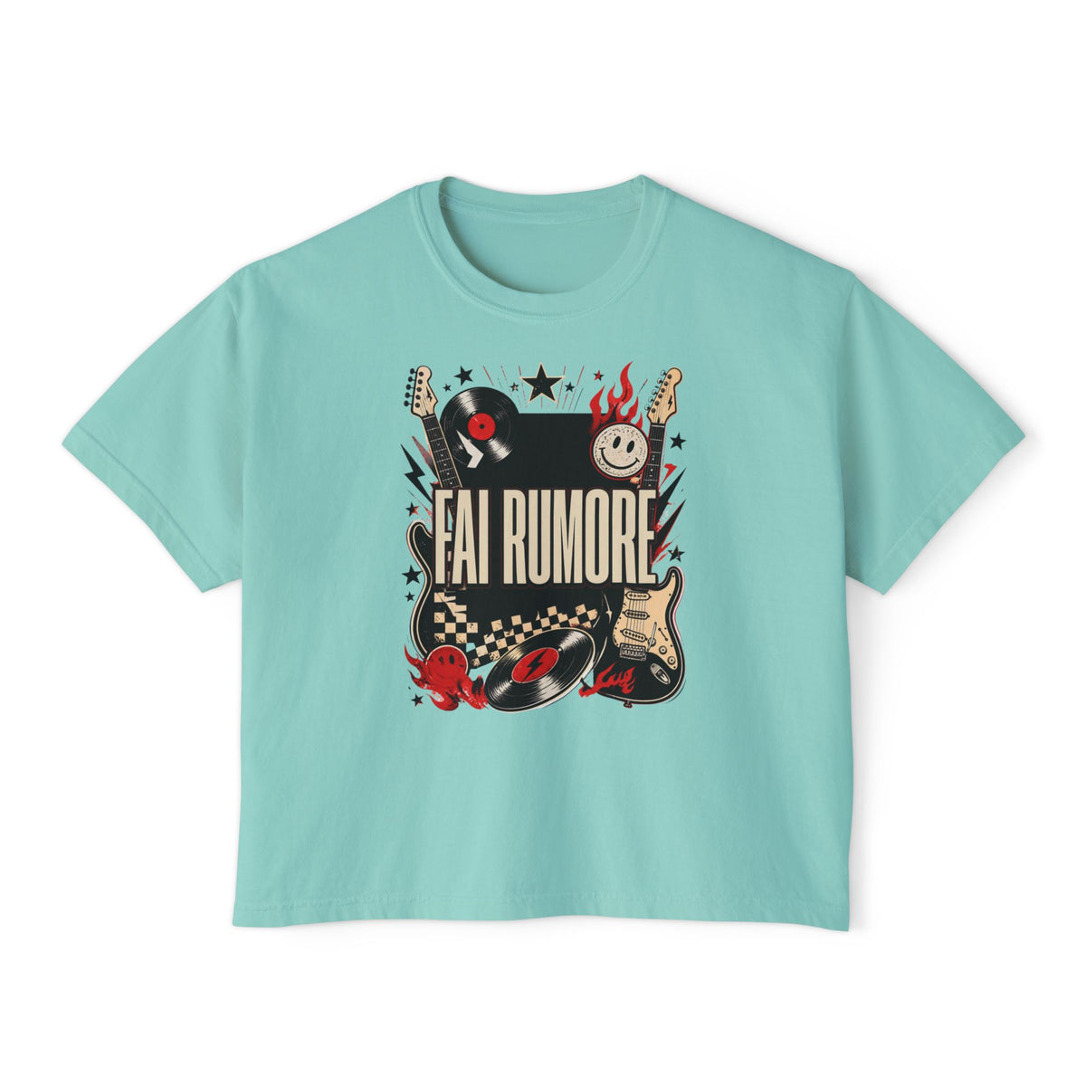 Fai Rumore Graphic Boxy Tee - Vintage Rock Guitar & Vinyl Shirt