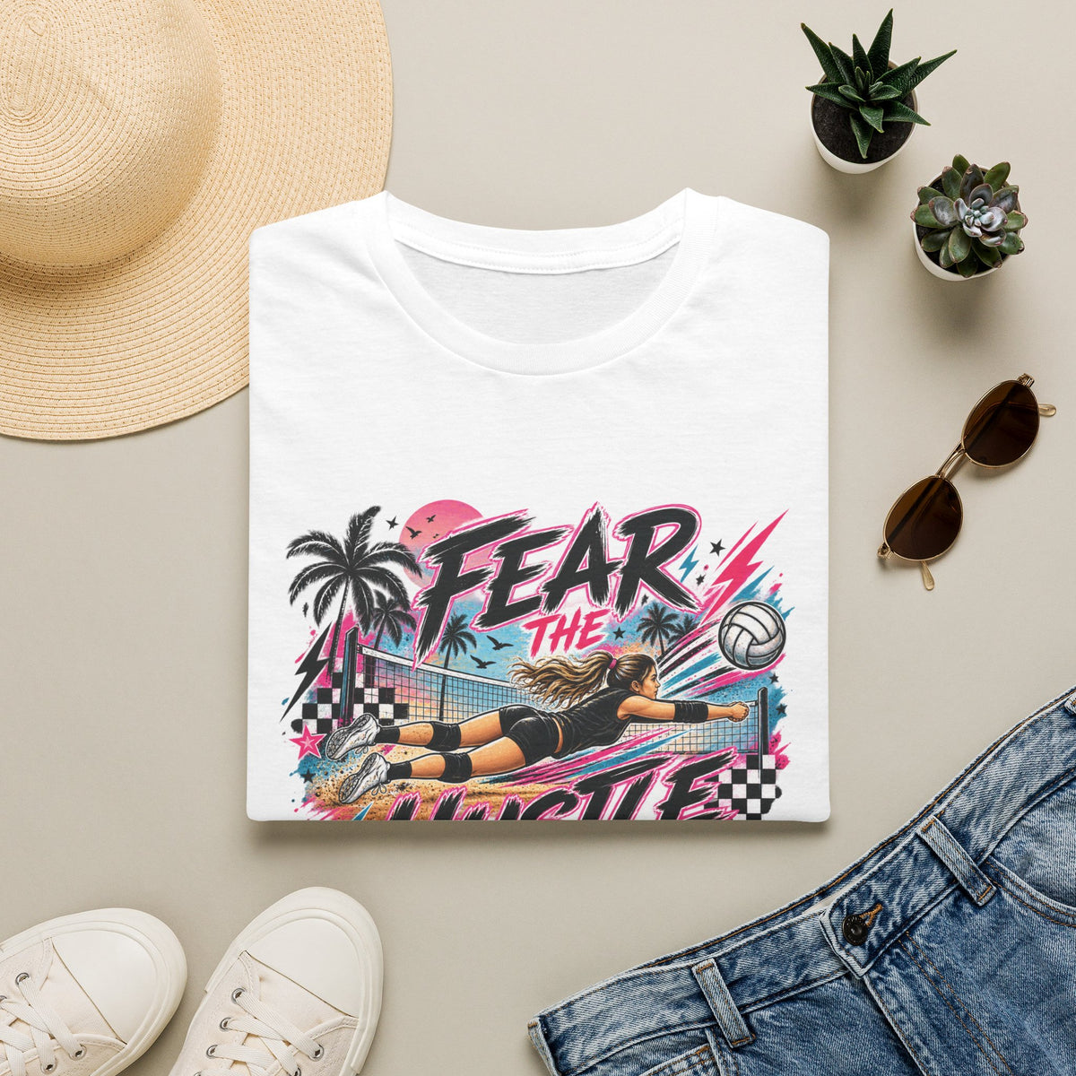 Fear The Hustle Volleyball T-Shirt — Retro Palm Beach Volleyball Tee