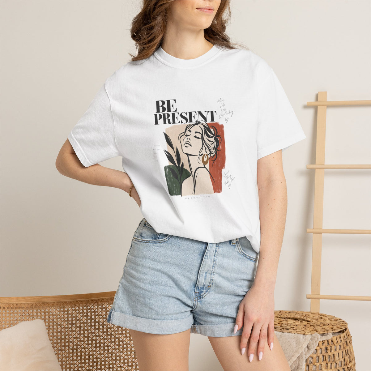 Be Present Graphic Tee — Minimalist Woman Illustration T-Shirt
