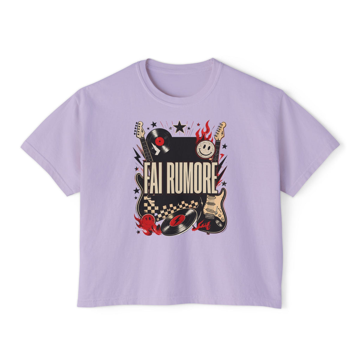 Fai Rumore Graphic Boxy Tee - Vintage Rock Guitar & Vinyl Shirt
