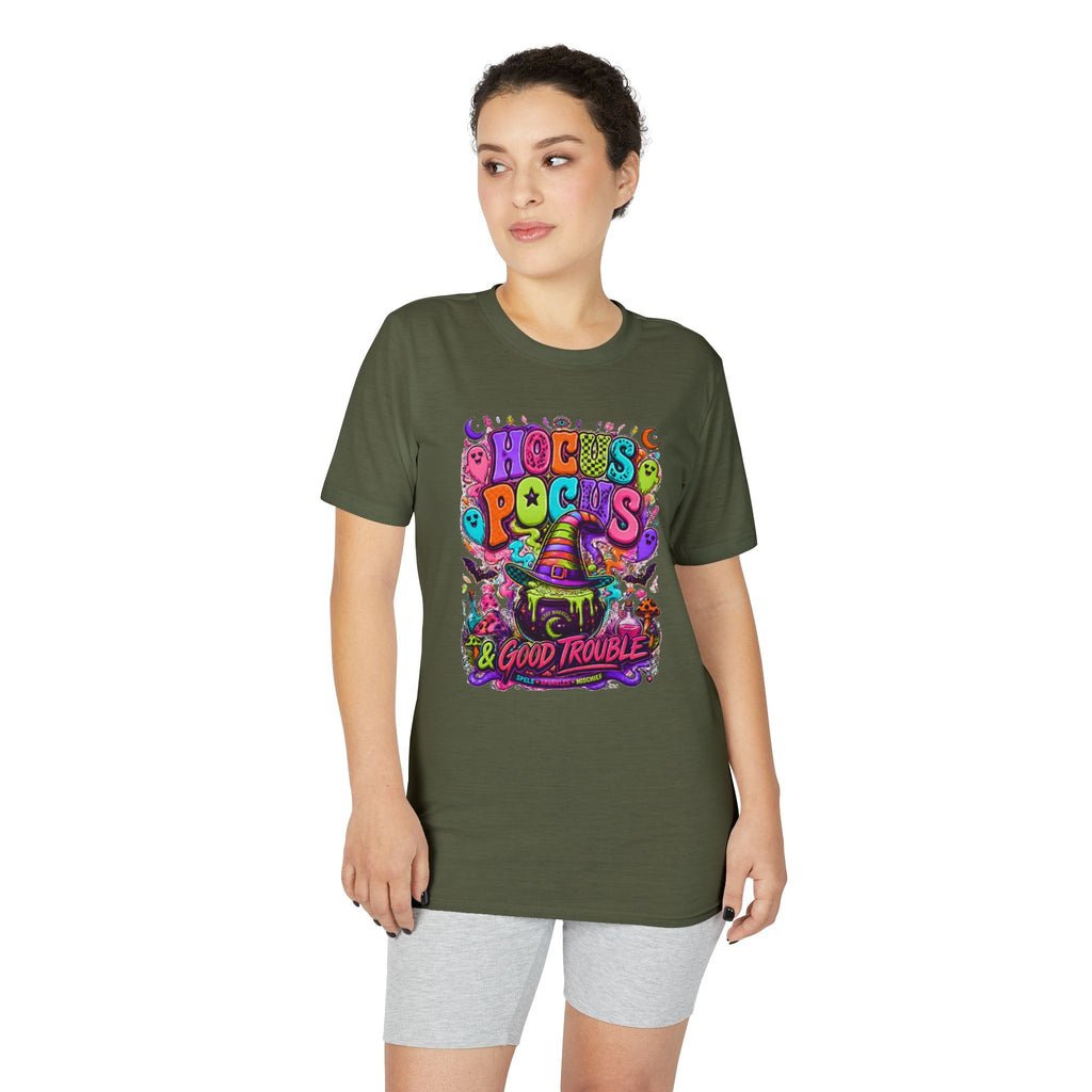 Hocus Pocus & Good Trouble Graphic T-Shirt — Colorful Halloween Witch Design