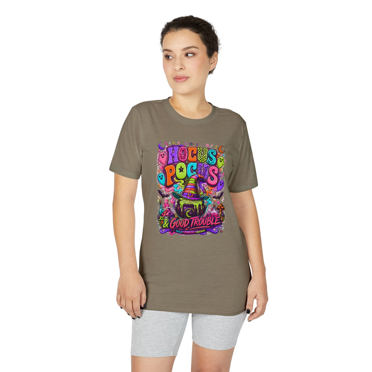 Hocus Pocus & Good Trouble Graphic T-Shirt — Colorful Halloween Witch Design