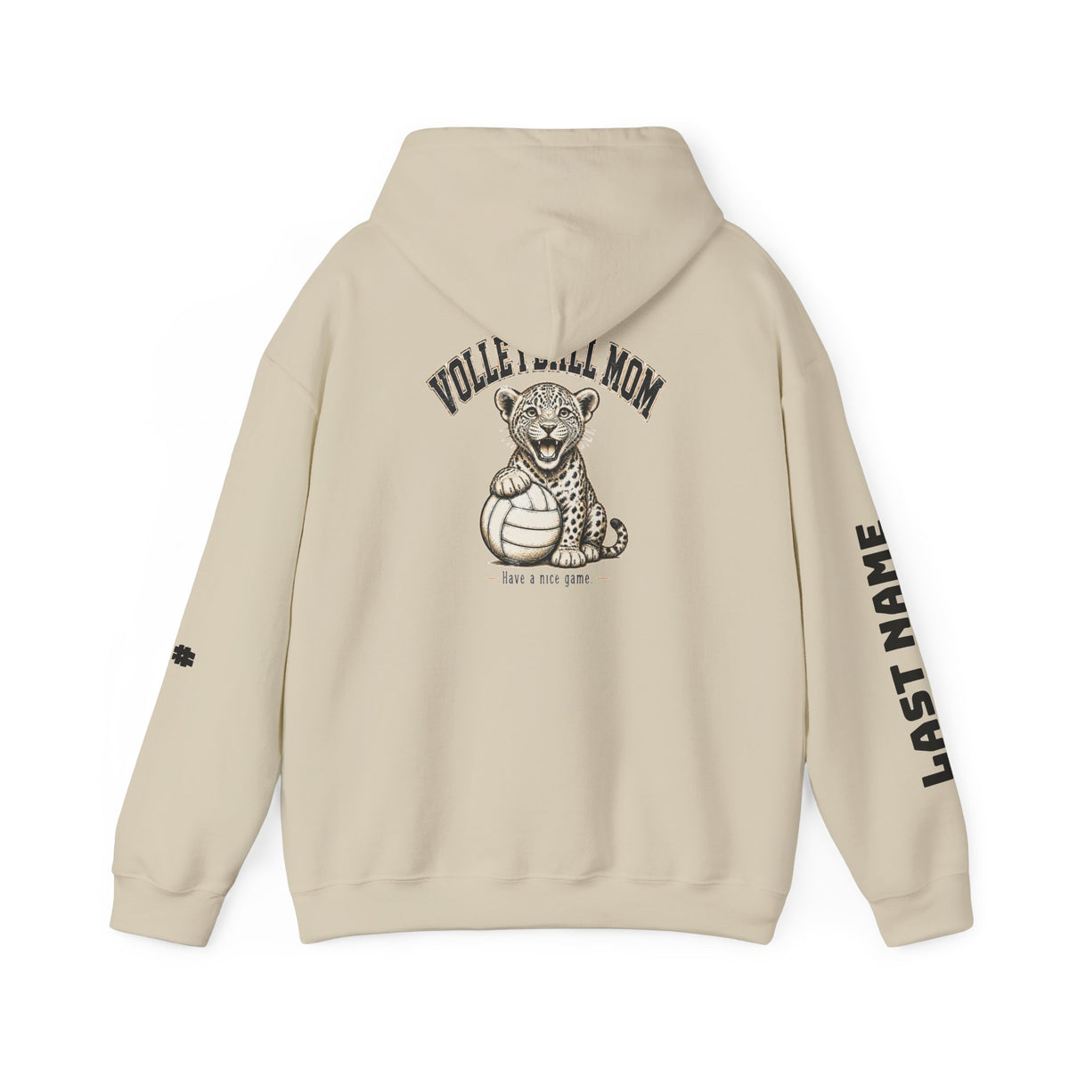 Volleyball Mom Hoodie - "Game Day" Pullover with Leopard & Volleyball Graphic, Custom Last Name Sleeve