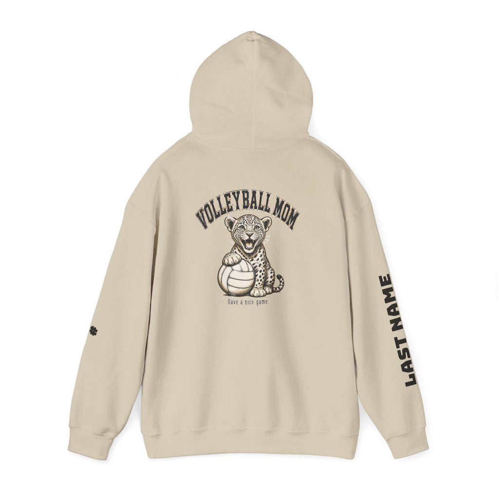 Volleyball Mom Hoodie - "Game Day" Pullover with Leopard & Volleyball Graphic, Custom Last Name Sleeve
