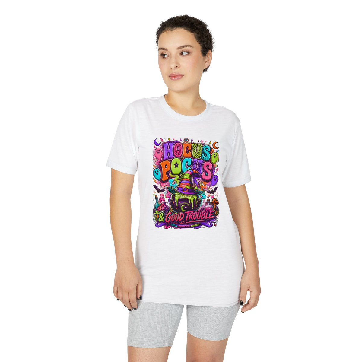 Hocus Pocus & Good Trouble Graphic T-Shirt — Colorful Halloween Witch Design