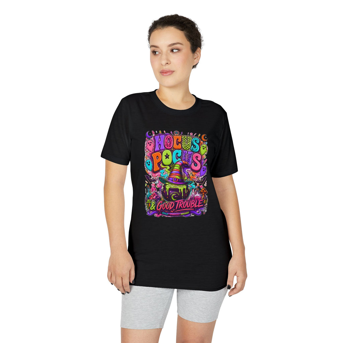 Hocus Pocus & Good Trouble Graphic T-Shirt — Colorful Halloween Witch Design