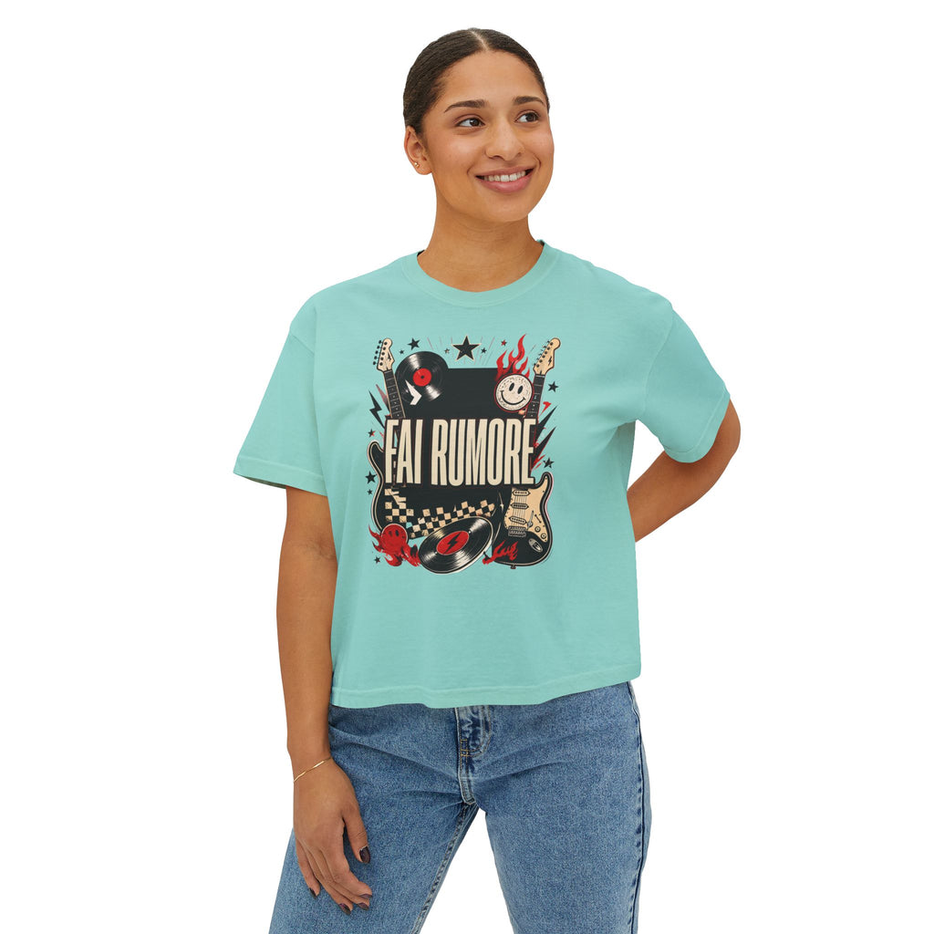 Fai Rumore Graphic Boxy Tee - Vintage Rock Guitar & Vinyl Shirt