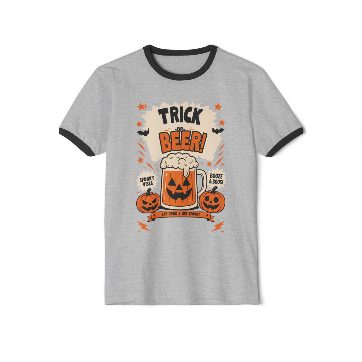 Halloween 'Trick Beer!' Ringer T-Shirt — Pumpkin Beer Mug Graphic