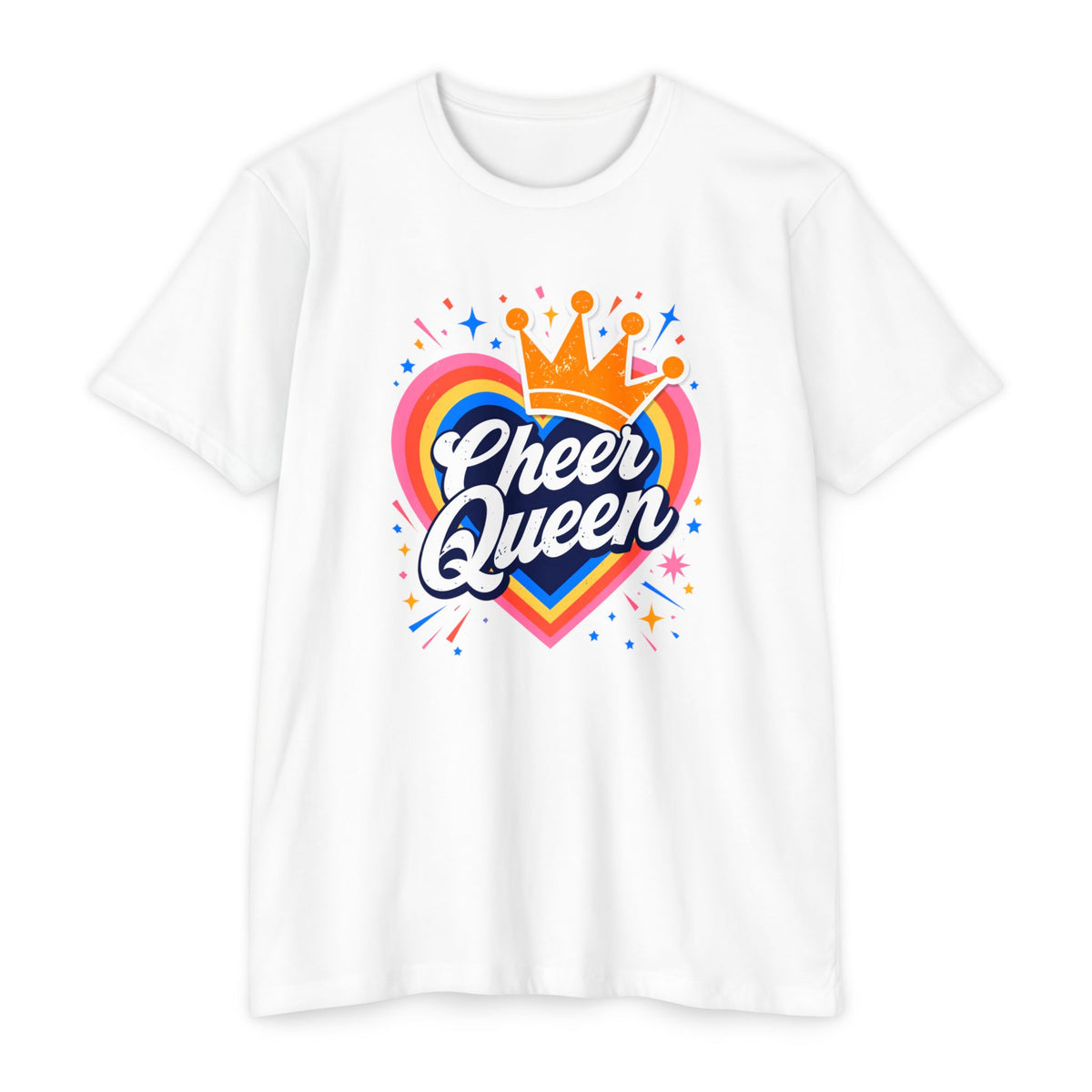 Cheer Queen T-Shirt — Colorful Heart Crown Cheerleader Tee