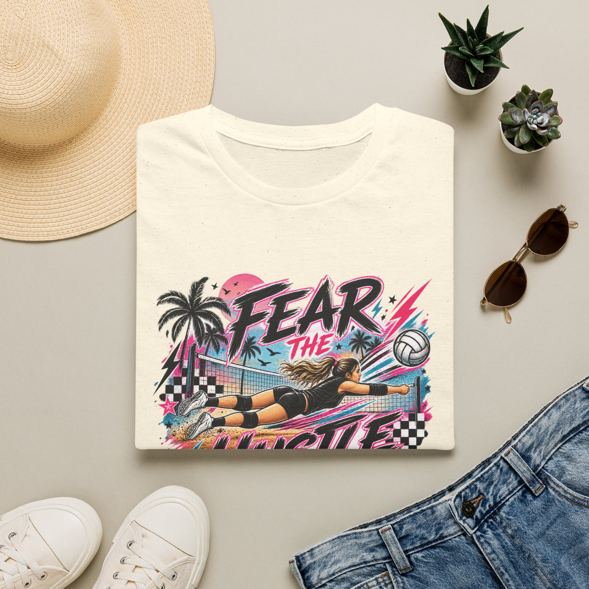 Fear The Hustle Volleyball T-Shirt — Retro Palm Beach Volleyball Tee
