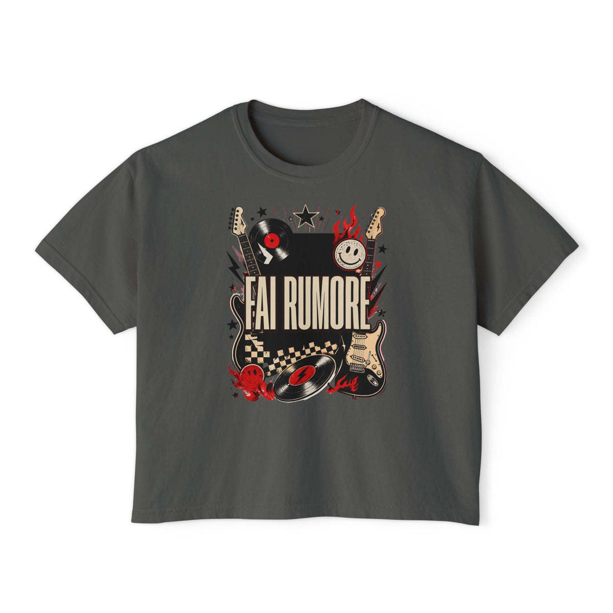 Fai Rumore Graphic Boxy Tee - Vintage Rock Guitar & Vinyl Shirt