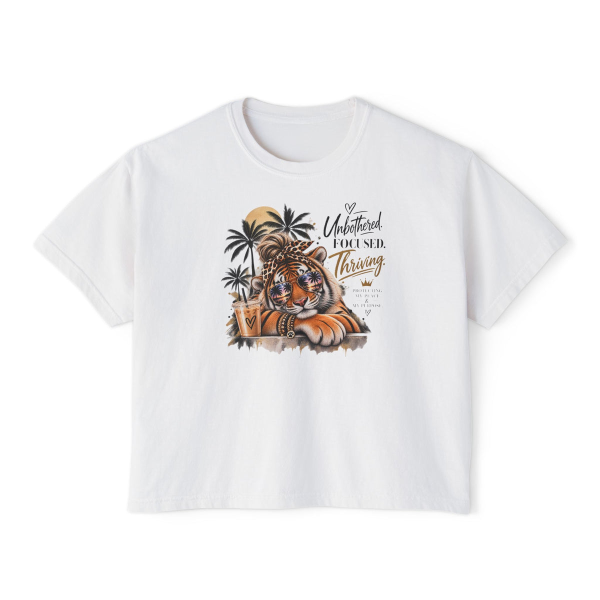 Women's Boxy Tee — 'Untethered I Flourish Thriving' Tiger Palm Graphic Tee