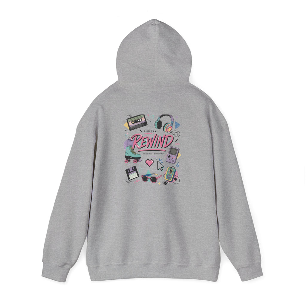 Rewind Retro Hoodie — 'Raise On Rewind' Vintage 90s Electronics Graphic Pullover