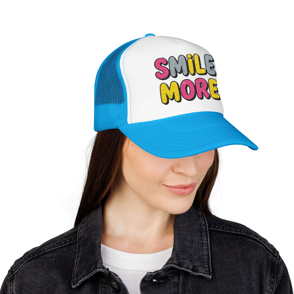 Smile More Foam Trucker Hat — Colorful Cheerful Graphic Cap