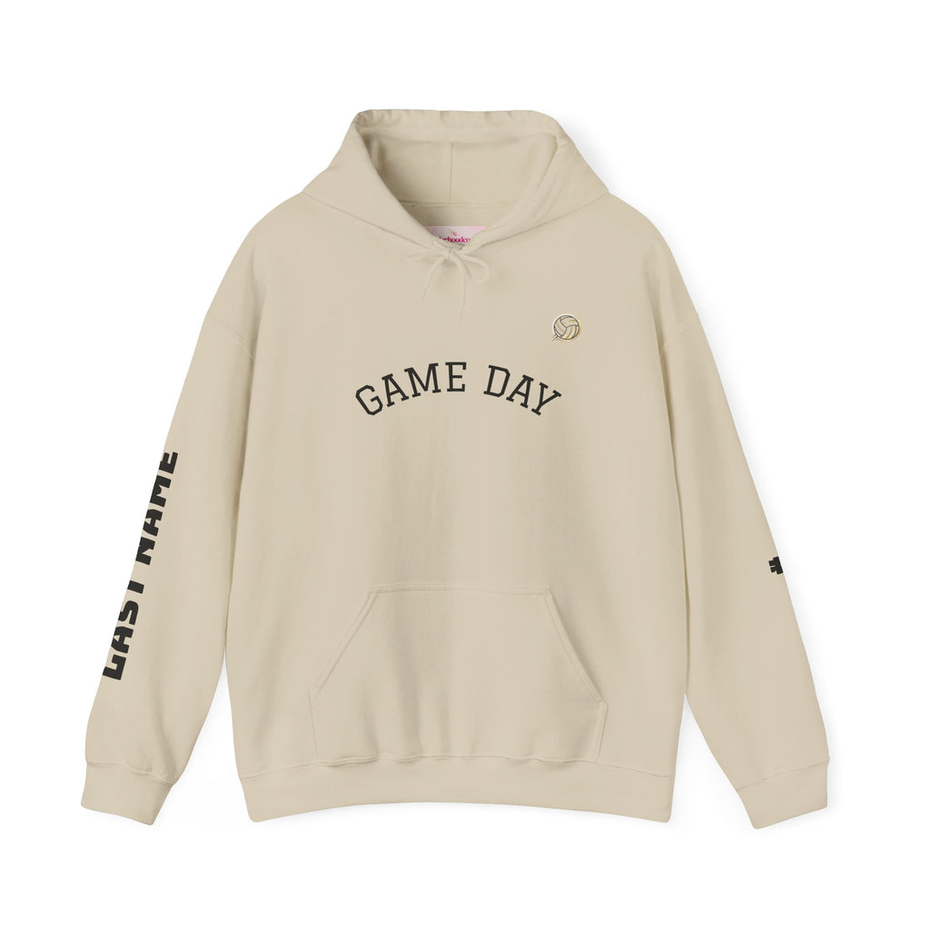 Volleyball Mom Hoodie - "Game Day" Pullover with Leopard & Volleyball Graphic, Custom Last Name Sleeve