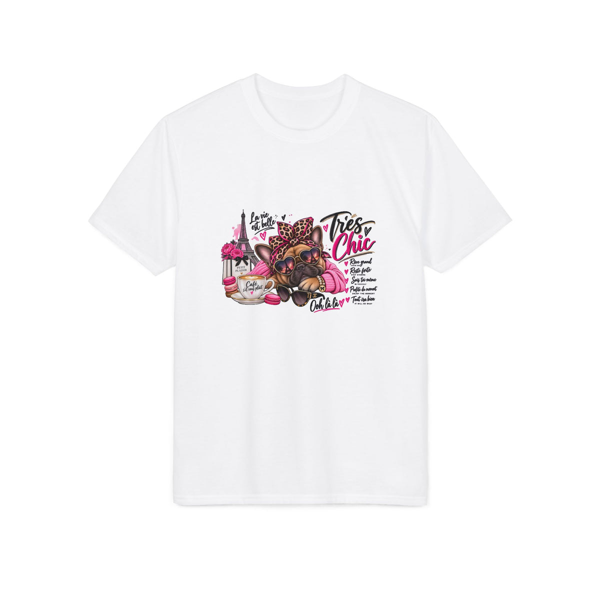 French Bulldog Glam Tee – "Tires Chic" Pink Leopard Spa Design