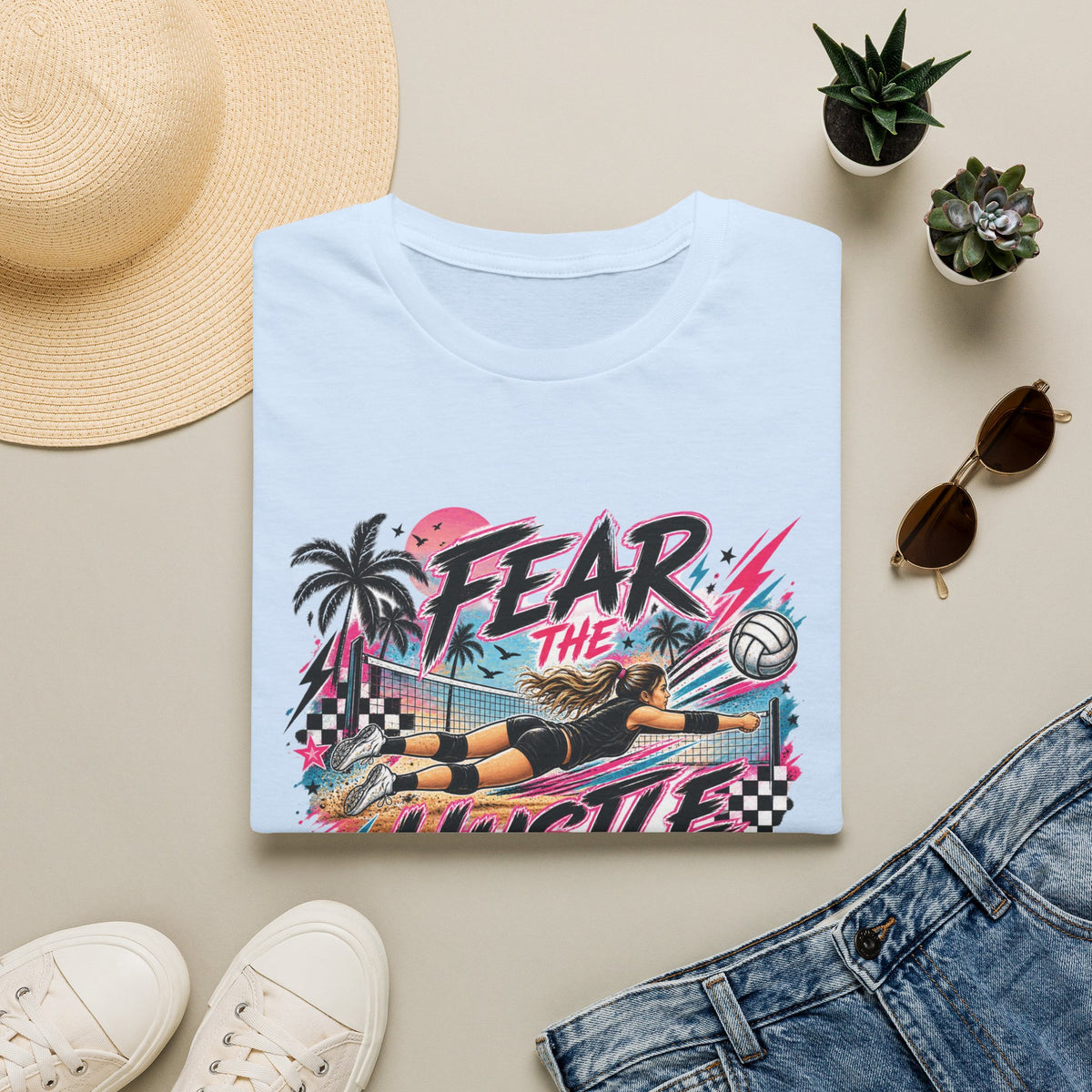 Fear The Hustle Volleyball T-Shirt — Retro Palm Beach Volleyball Tee