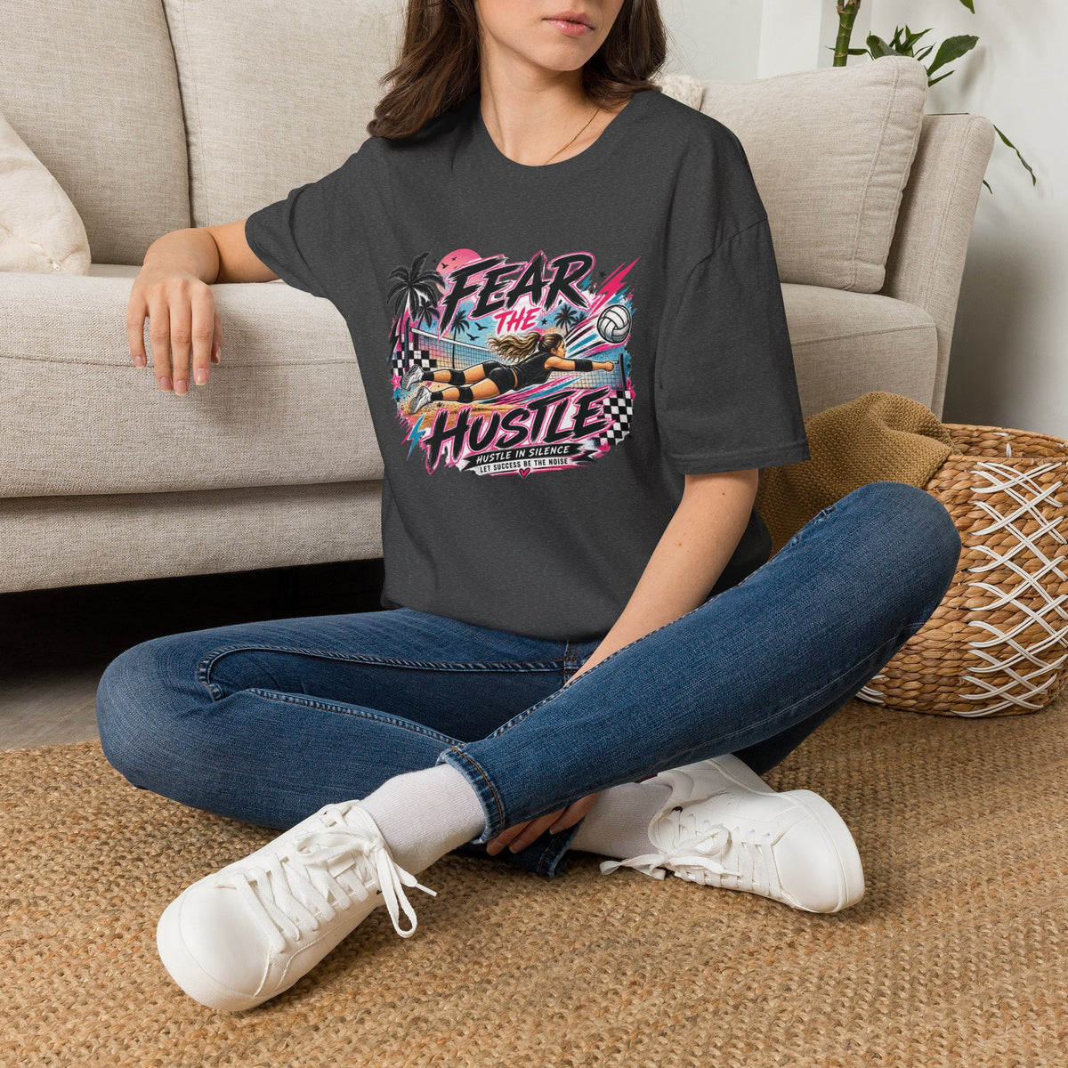 Fear The Hustle Volleyball T-Shirt — Retro Palm Beach Volleyball Tee