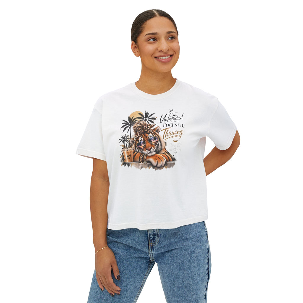 Women's Boxy Tee — 'Untethered I Flourish Thriving' Tiger Palm Graphic Tee