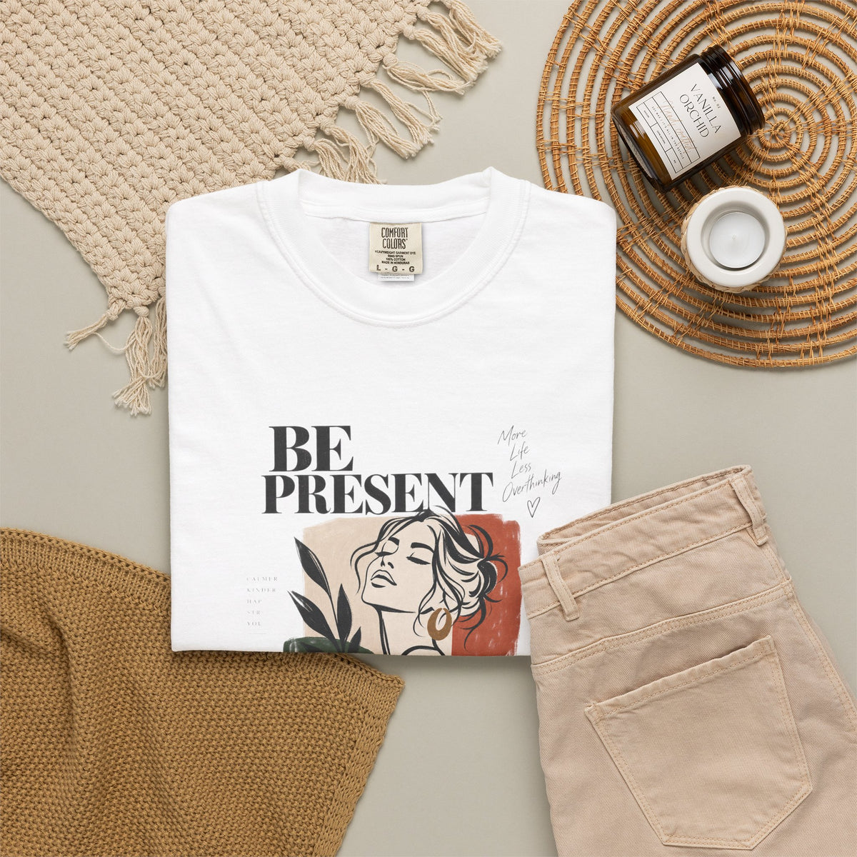 Be Present Graphic Tee — Minimalist Woman Illustration T-Shirt