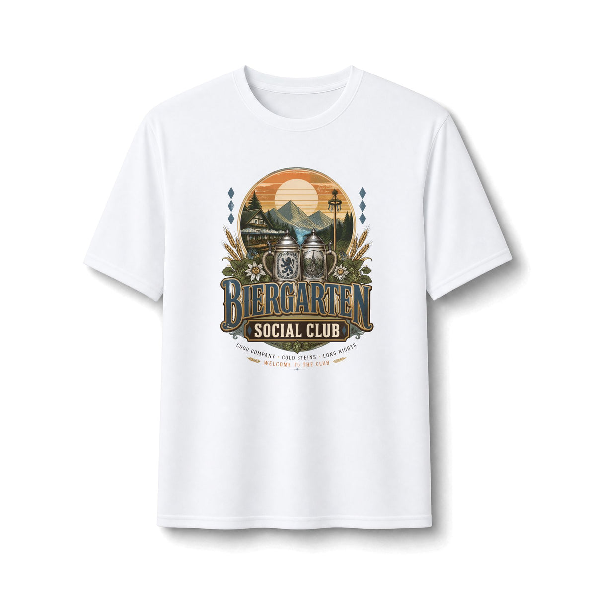 Biergarten Social Club Performance Tee — Vintage Beer Garden Graphic Shirt