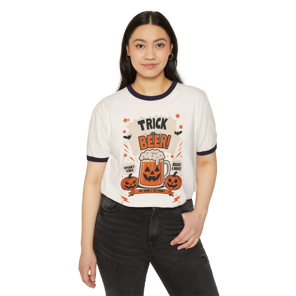 Halloween 'Trick Beer!' Ringer T-Shirt — Pumpkin Beer Mug Graphic