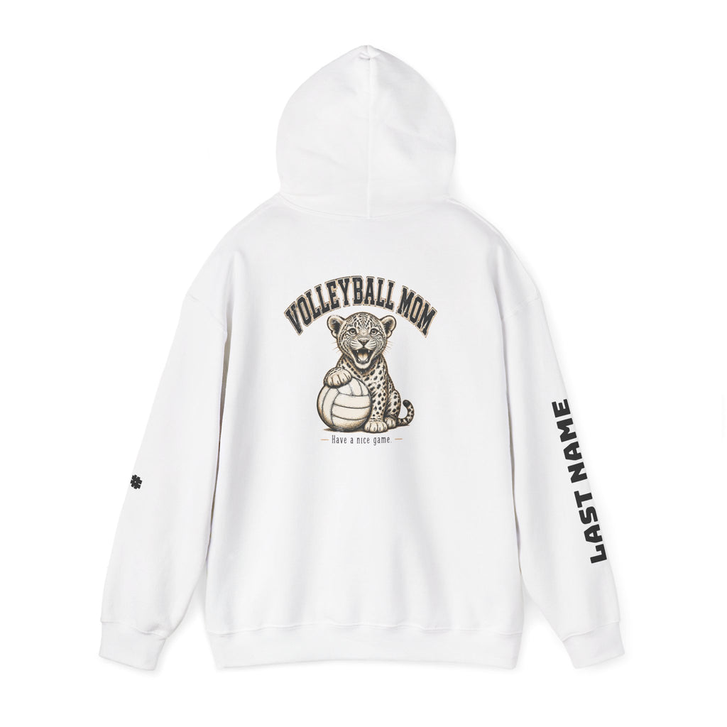 Volleyball Mom Hoodie - "Game Day" Pullover with Leopard & Volleyball Graphic, Custom Last Name Sleeve