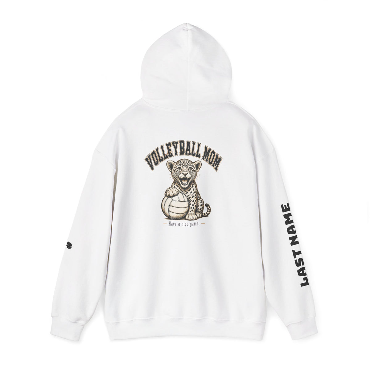 Volleyball Mom Hoodie - "Game Day" Pullover with Leopard & Volleyball Graphic, Custom Last Name Sleeve