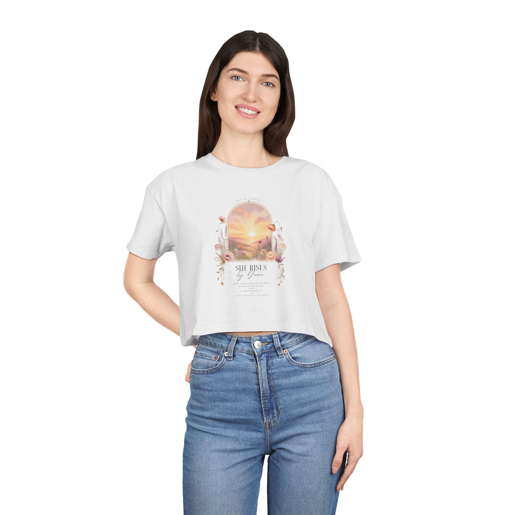 Sunset Floral Crop Tee — 'She Rises' Inspirational Women's Graphic Top
