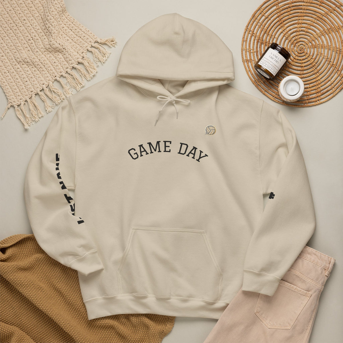 Volleyball Mom Hoodie - "Game Day" Pullover with Leopard & Volleyball Graphic, Custom Last Name Sleeve